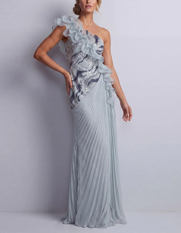 Vestido Maxi Azul Cinzento com Lantejoulas e Pregas de Chiffon de Um Ombro