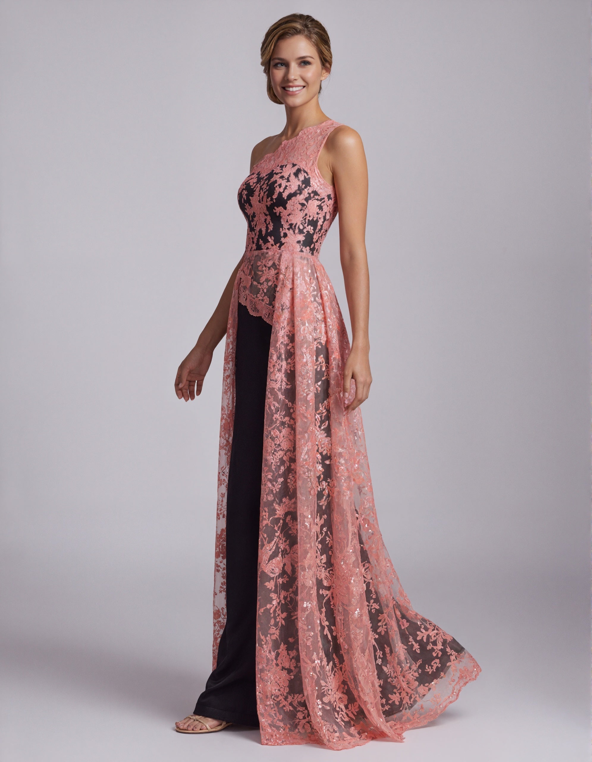 Rochie maxi coral roz cu dantelă, un umăr și satin negru