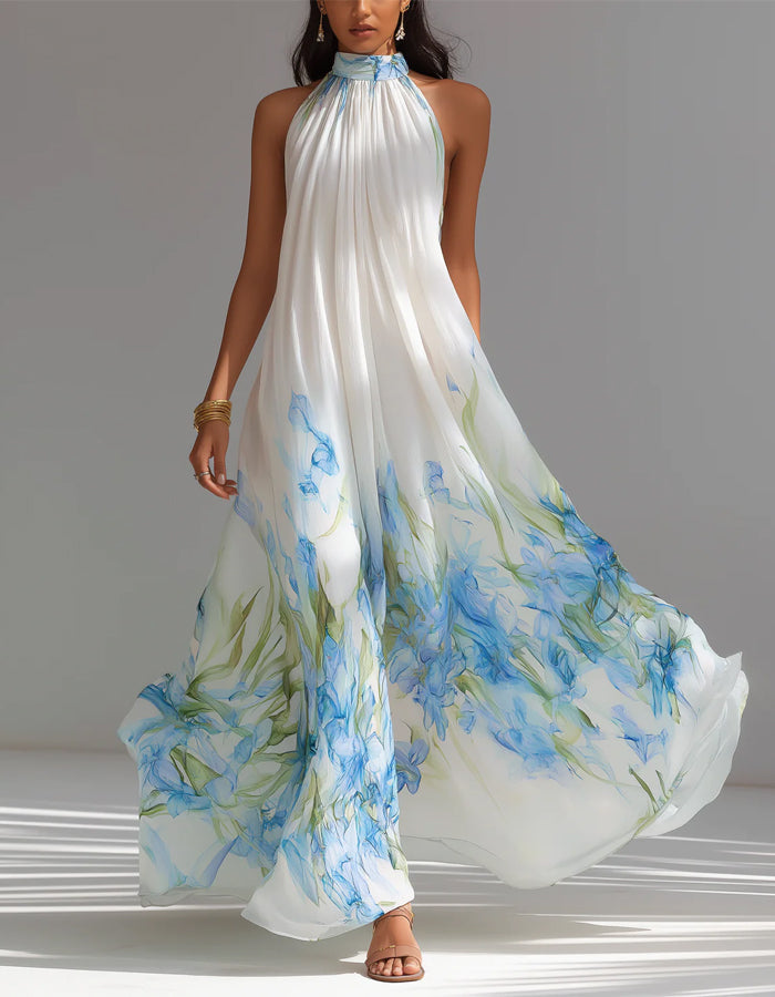 Abito lungo bianco in chiffon con motivo floreale ad acquerello blu
