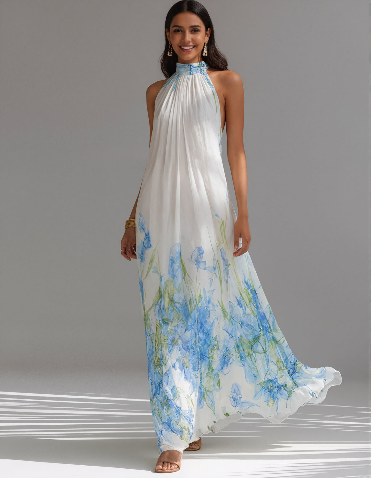 White Chiffon With Blue Watercolor Floral Pattern Maxi Dress