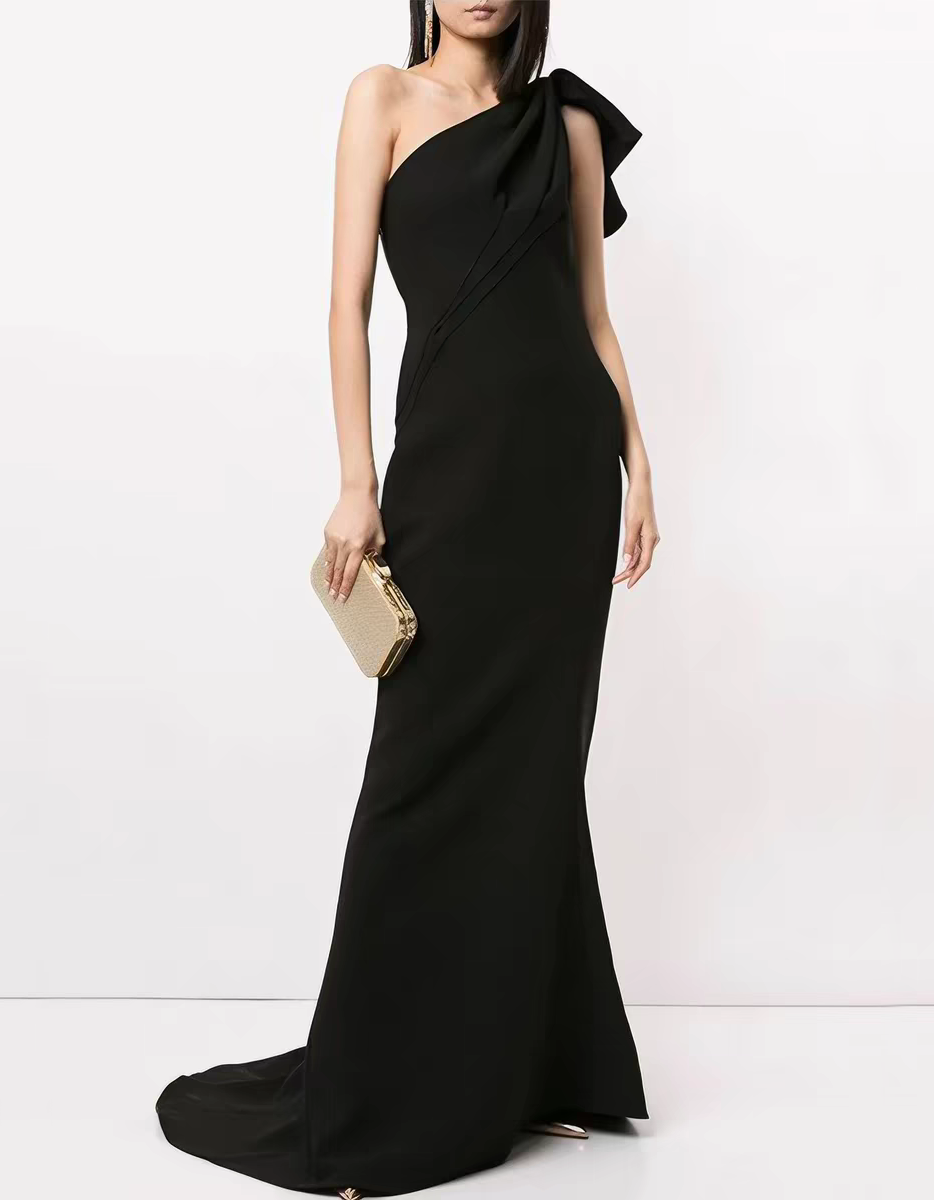 Chiffon One-Shoulder Ruffled Fishtail Maxi Dress