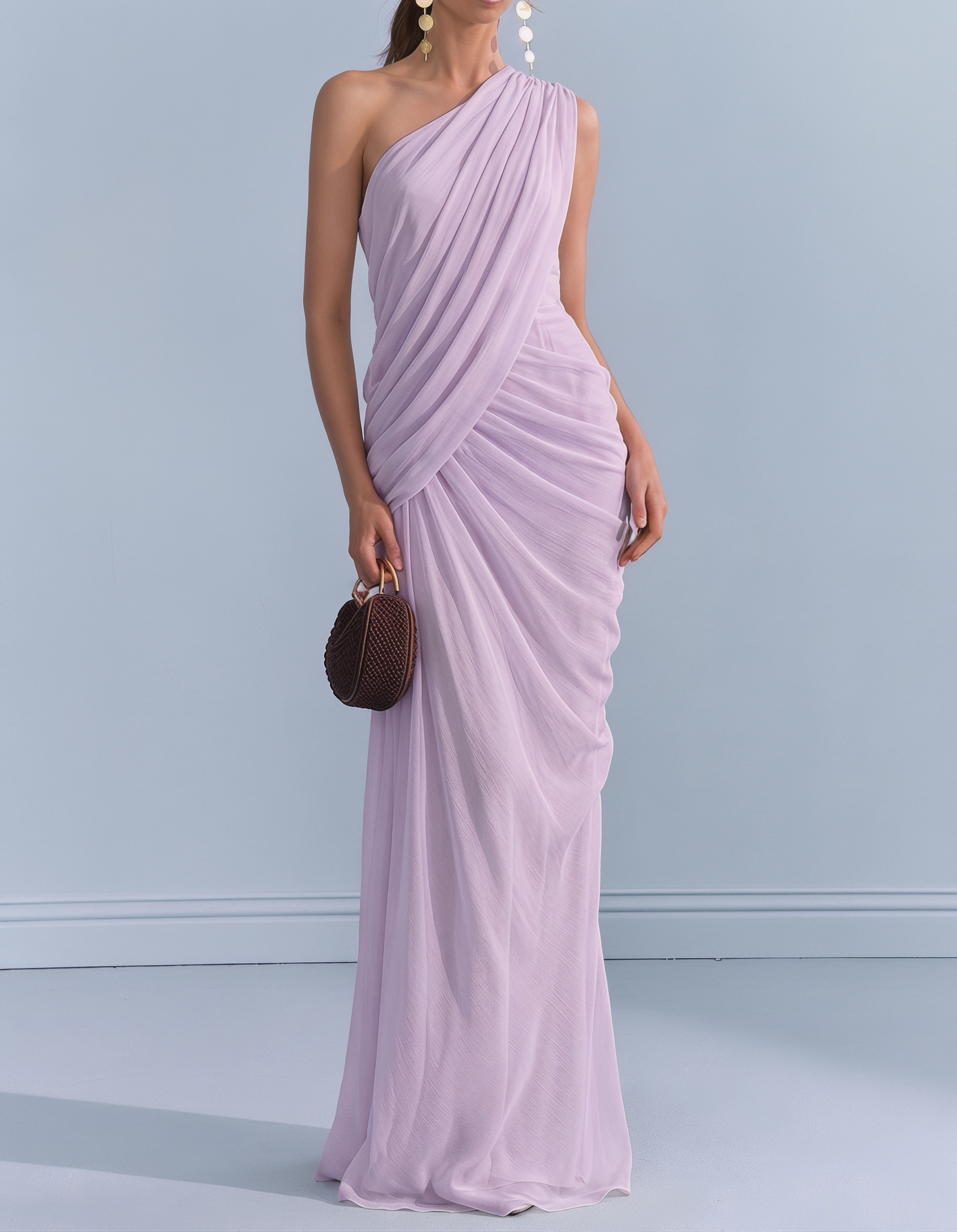 Vestido maxi de gasa con un solo hombro, cintura ajustada y cola de pez