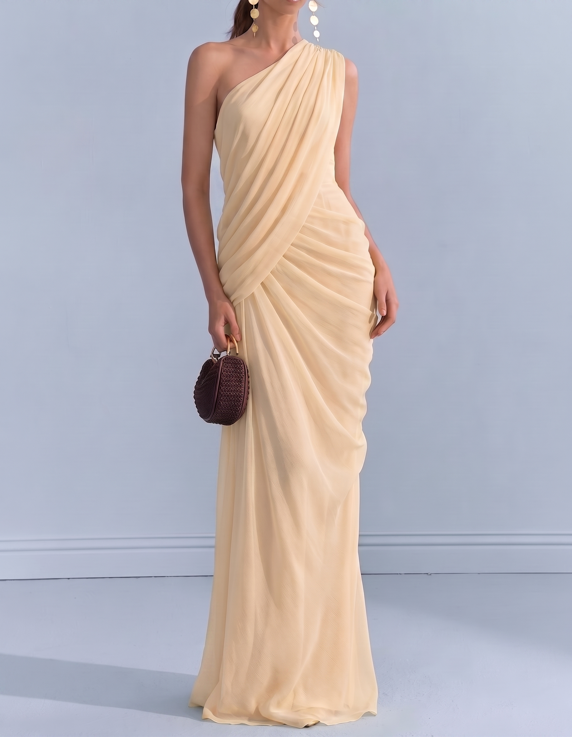 Chiffon One-Shoulder Fitted Waist Fishtail Maxi Dress