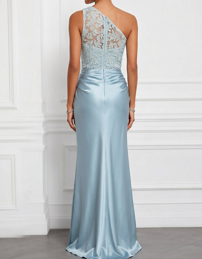 Hellblaues One-Shoulder Spitzen- und Satin-Mermaid-Maxikleid