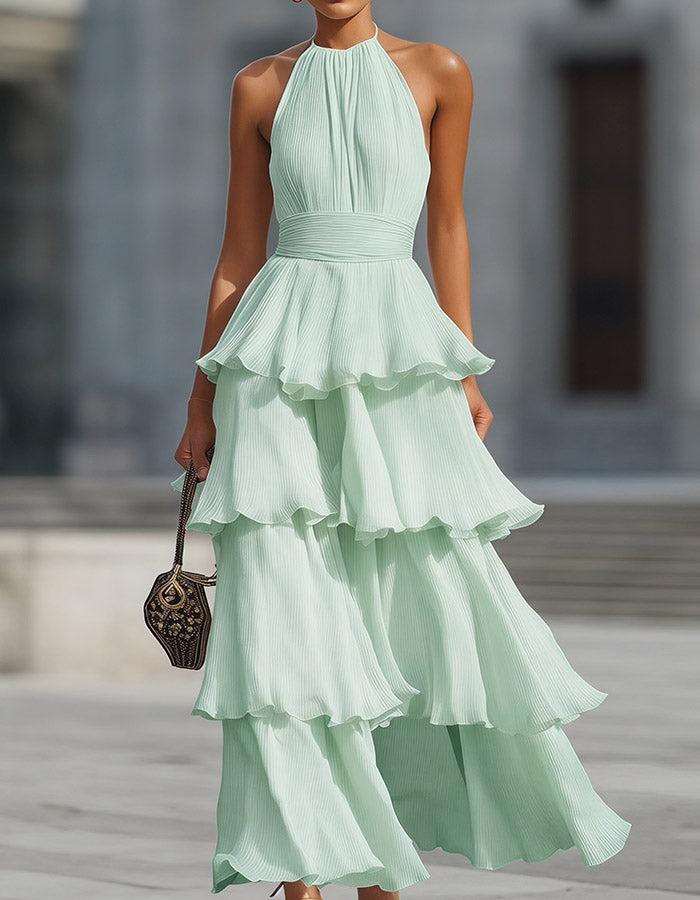 Vestido Maxi de Chiffon Creme Branco com Alças, Camadas e Folhos