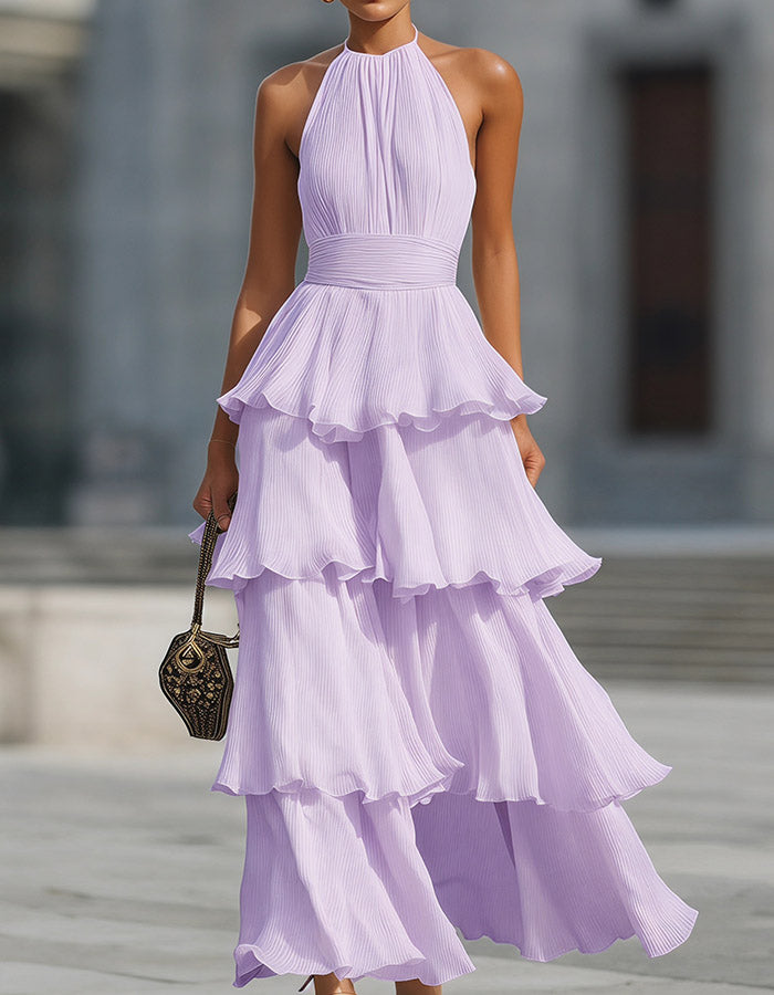 Vestido Maxi de Chiffon Creme Branco com Alças, Camadas e Folhos