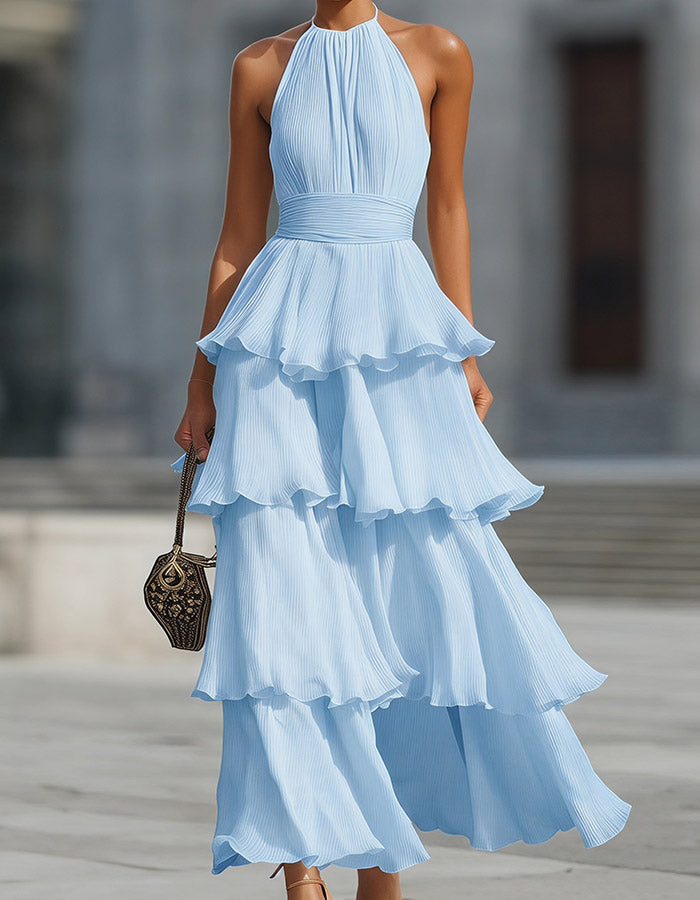 Vestido Maxi de Chiffon Creme Branco com Alças, Camadas e Folhos