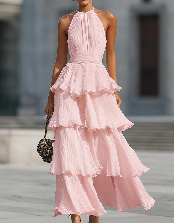 Vestido Maxi de Chiffon Creme Branco com Alças, Camadas e Folhos