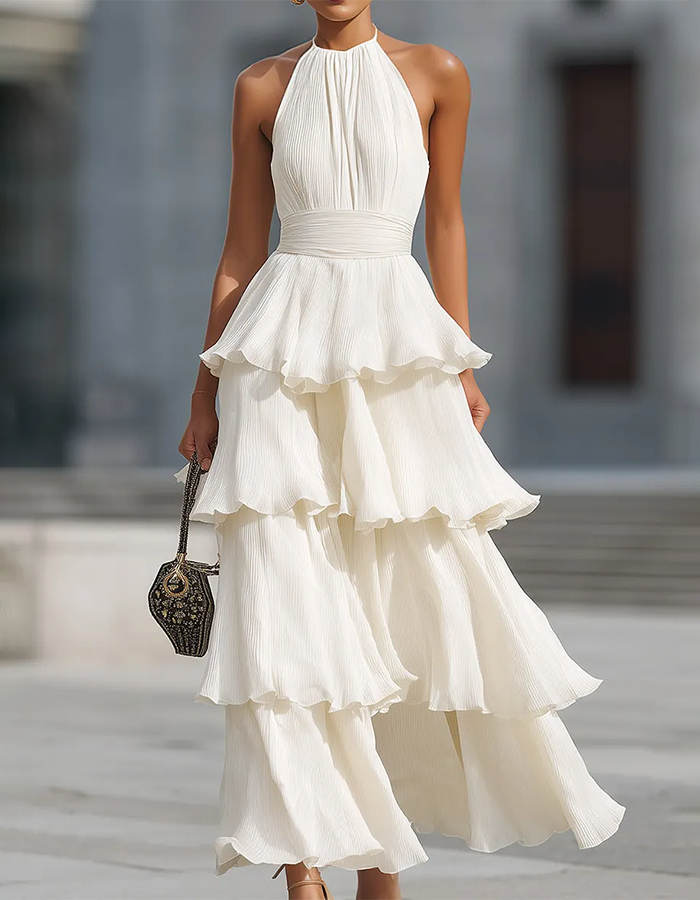 Vestido Maxi de Chiffon Creme Branco com Alças, Camadas e Folhos