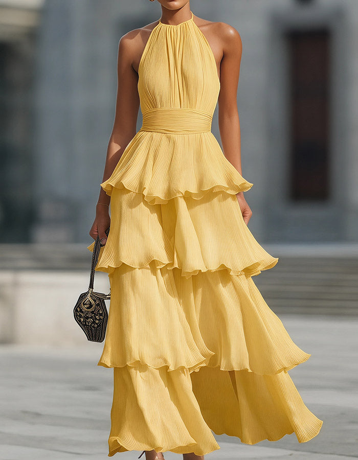 Vestido Maxi de Chiffon Creme Branco com Alças, Camadas e Folhos