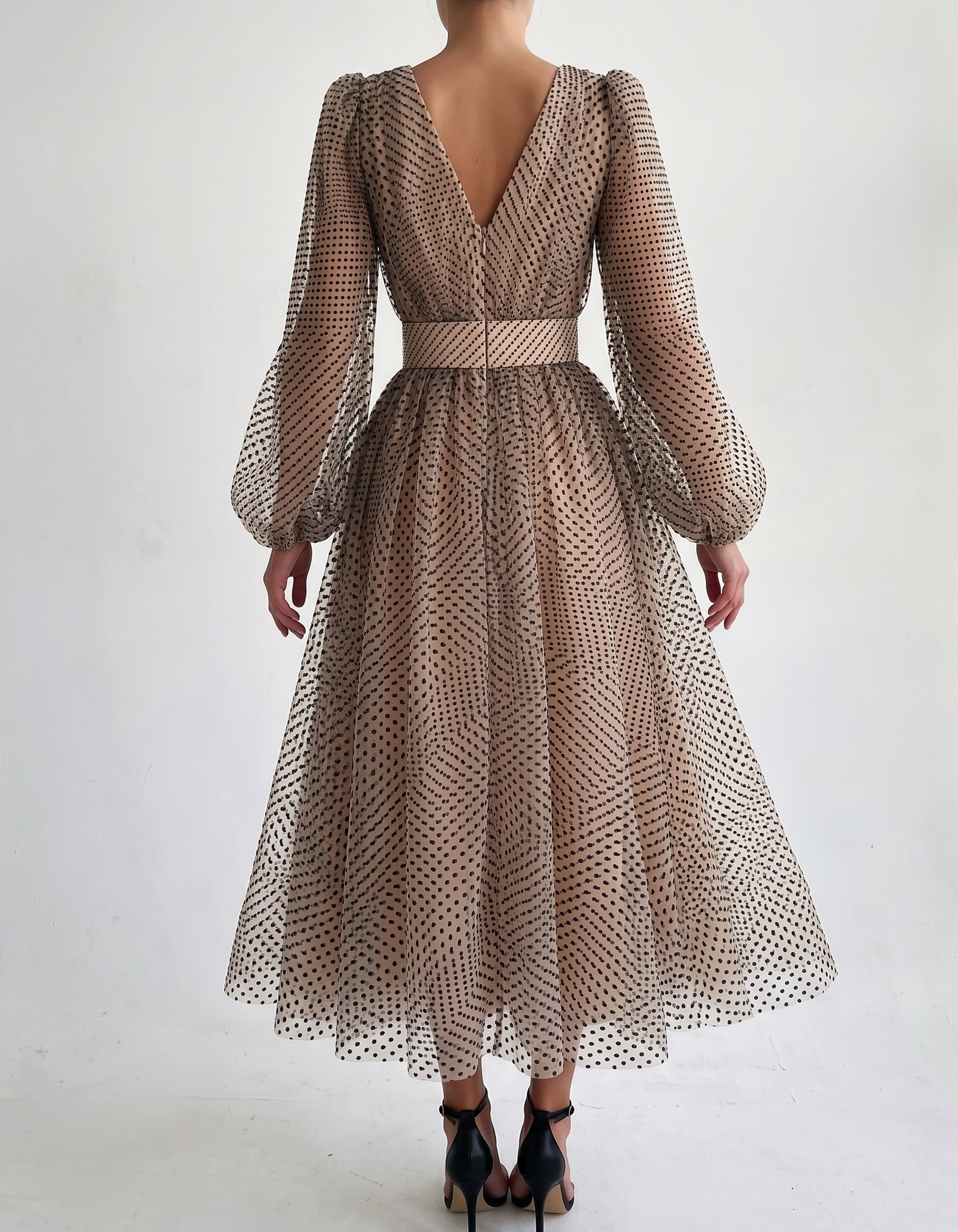 Chiffon Midikleid mit Polka Dots, V-Ausschnitt, tailliert und Puffärmeln