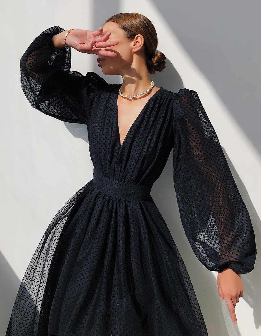 Chiffon Polka Dot V-Neck Fitted Waist Puff Sleeve Midi Dress