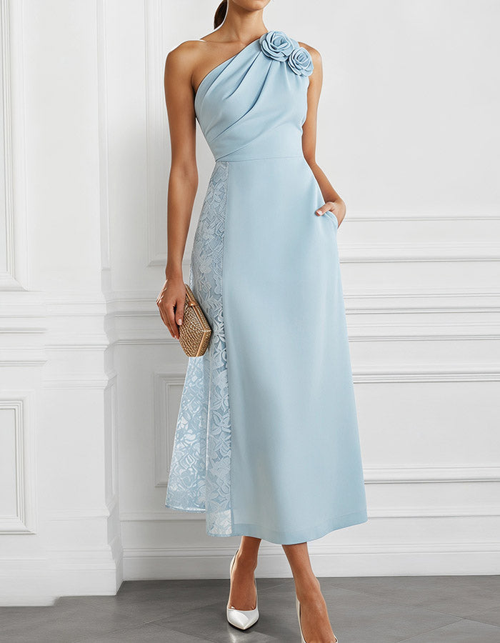 Light Blue One-Shoulder Floral Applique Midi Dress