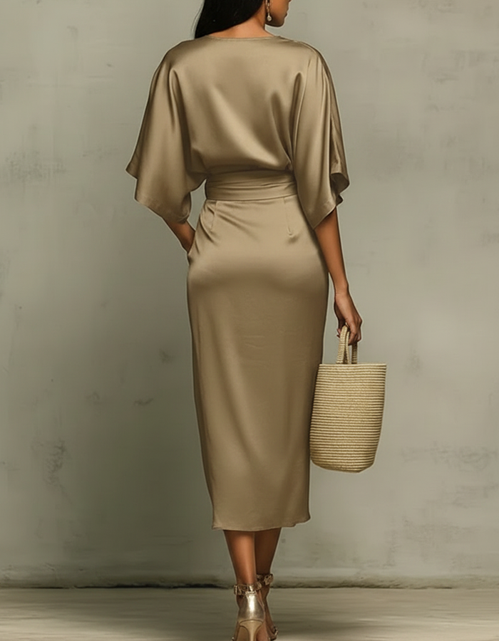 Robe midi drapée en satin multicolore