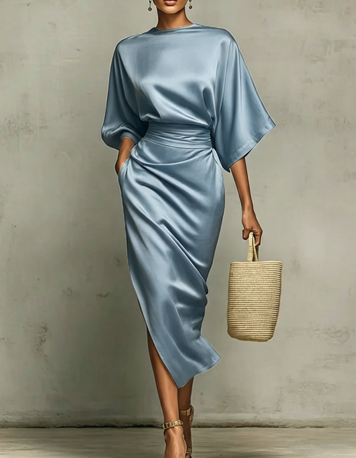 Vestido midi drapeado de satén multicolor