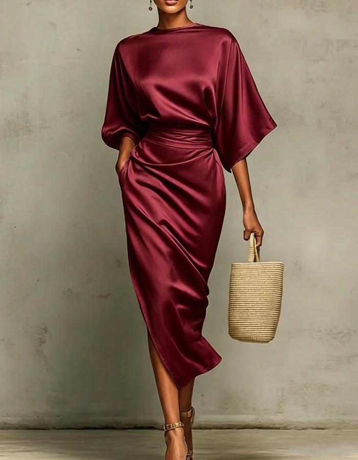 Vestido midi drapeado de satén multicolor