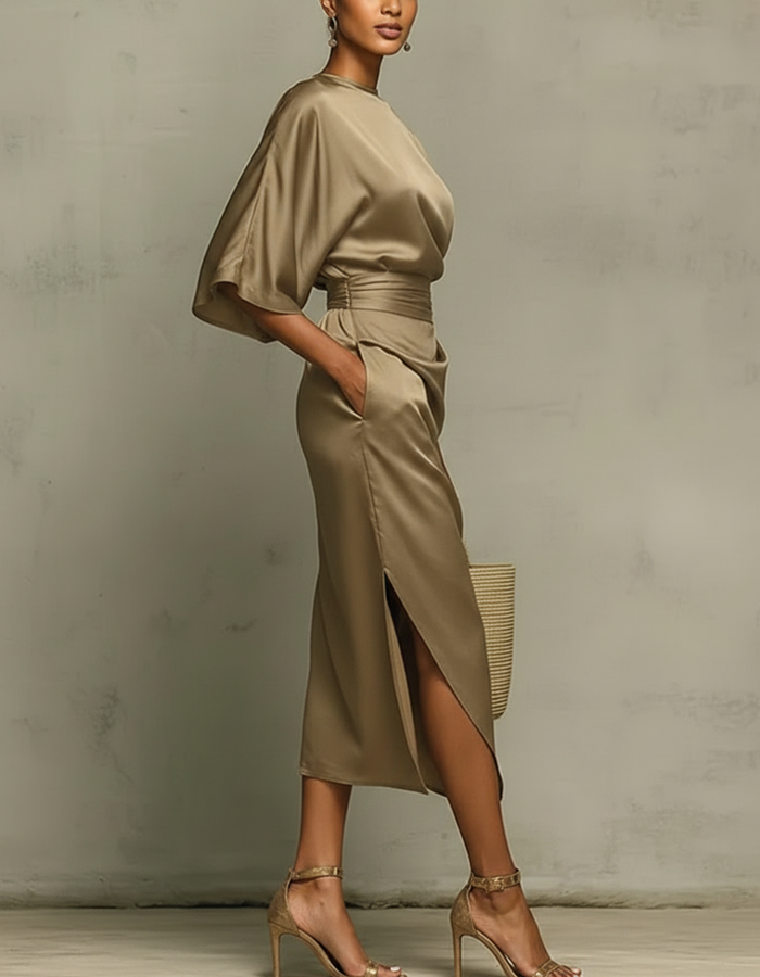 Robe midi drapée en satin multicolore