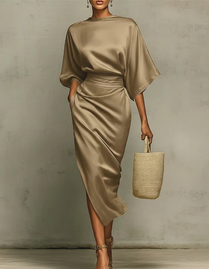 Vestido midi drapeado de satén multicolor