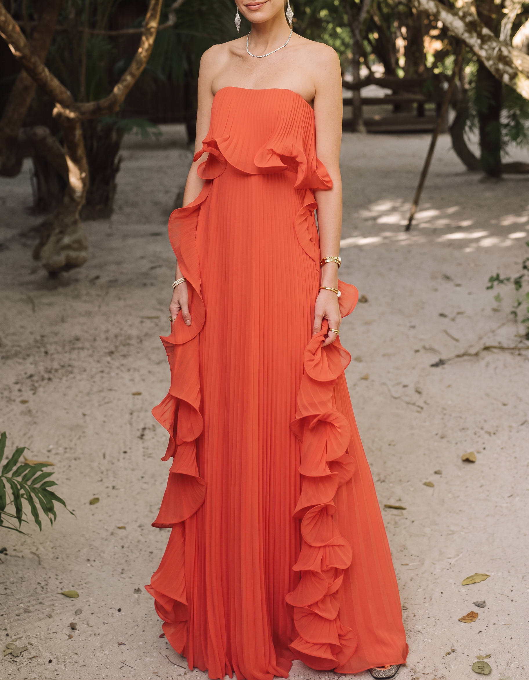 Chiffon Strapless Waist-Cinching Ruffled Maxi Dress