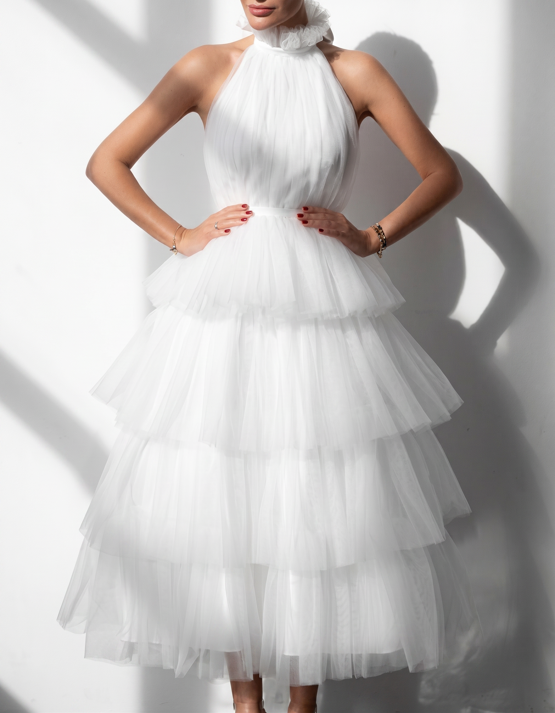 Mesh Halter Neck Cinched Waist Tiered Midi Dress