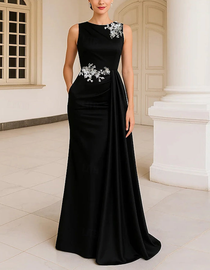 Rochie maxi din satin cu aplicații din paiete, culoare uni