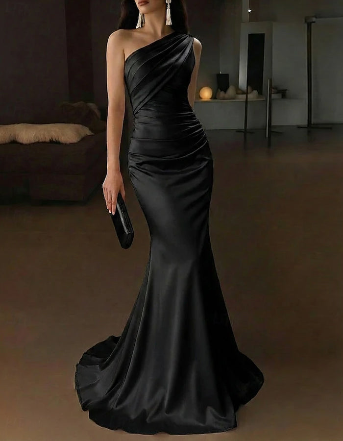 Vestido maxi de satén color sólido con hombros descubiertos  