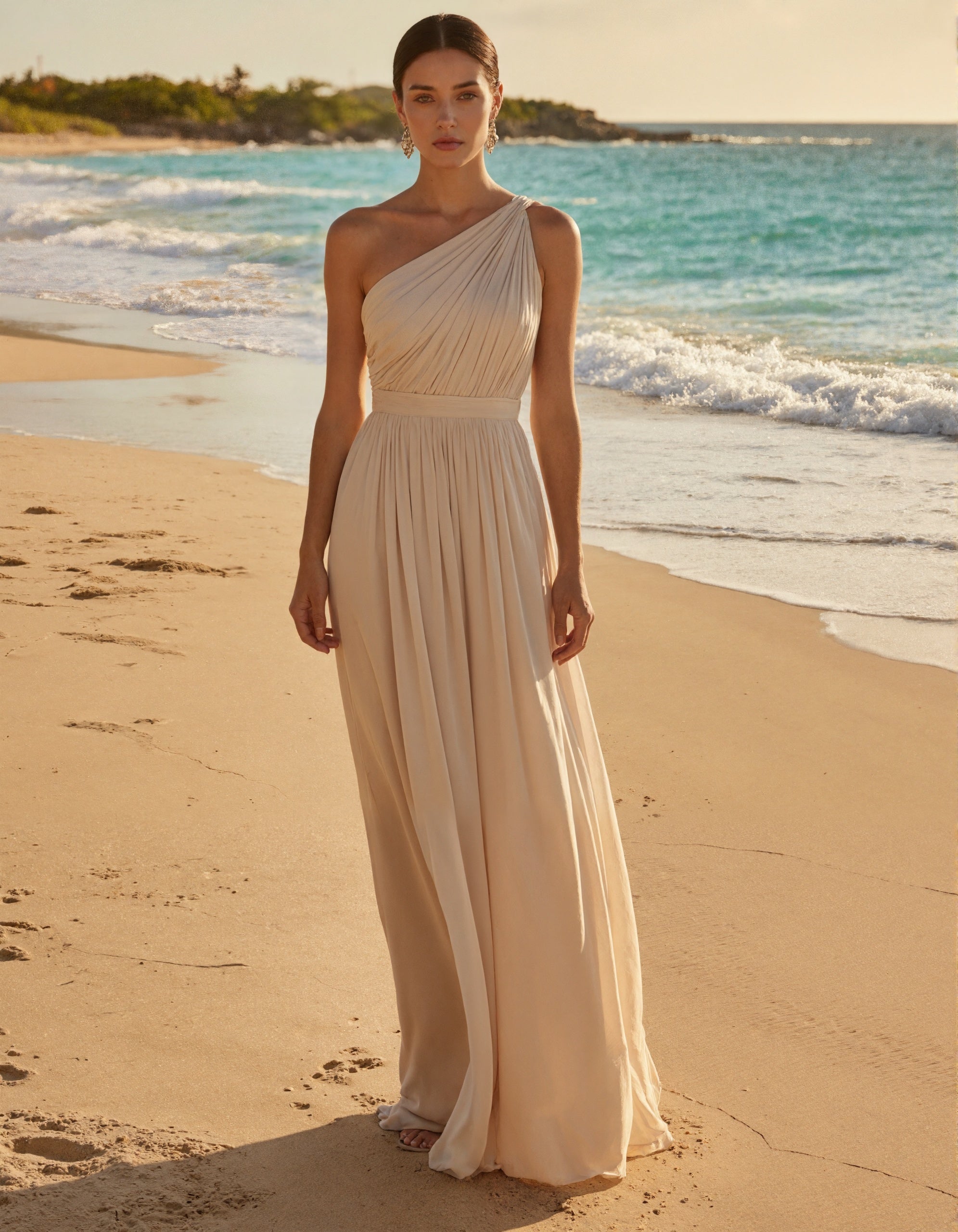 Vestido Maxi Alperce de Chiffon com Um Ombro