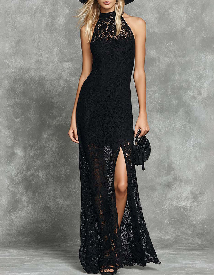 Vestido largo de encaje transparente con cuello halter negro