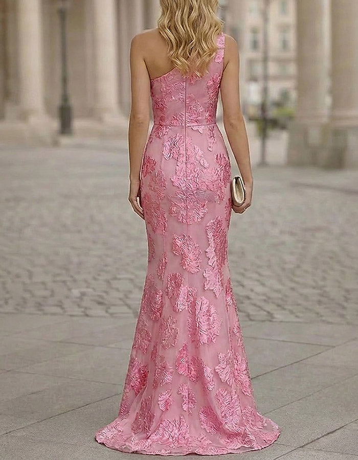 Rosa Maxikleid mit Meerjungfrauen-Schnitt, einseitigem Träger und Blumenapplikationen