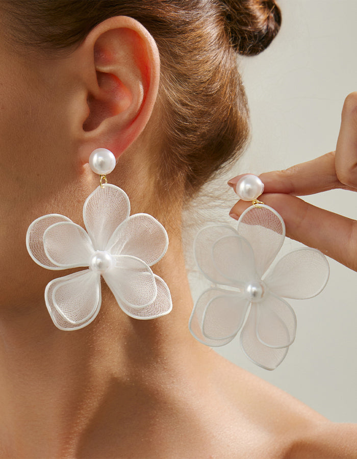 Fabric Pearl Flower Earrings