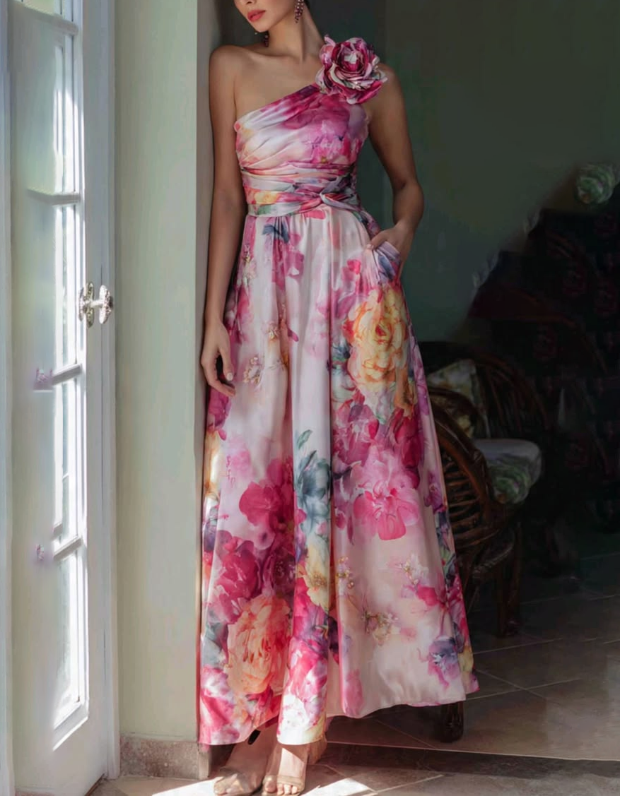 Rose Pink Satin One-Shoulder Floral Maxi Dress