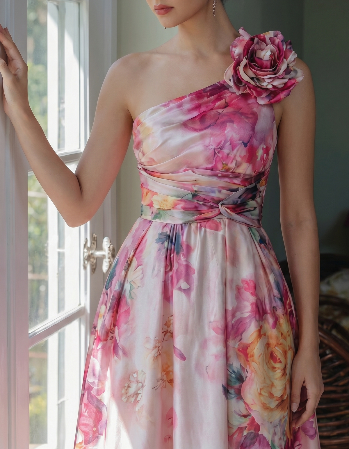 Rosa Satin Maxikleid mit Ein-Schulter-Design und Blumenmuster