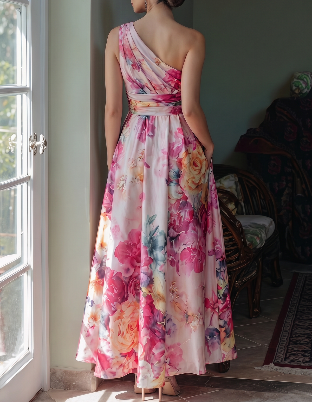 Abito lungo in satin rosa con una spalla e stampa floreale