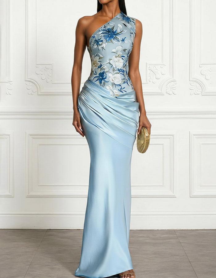 Light Blue One-Shoulder Floral Print & Satin Mermaid Maxi Dress