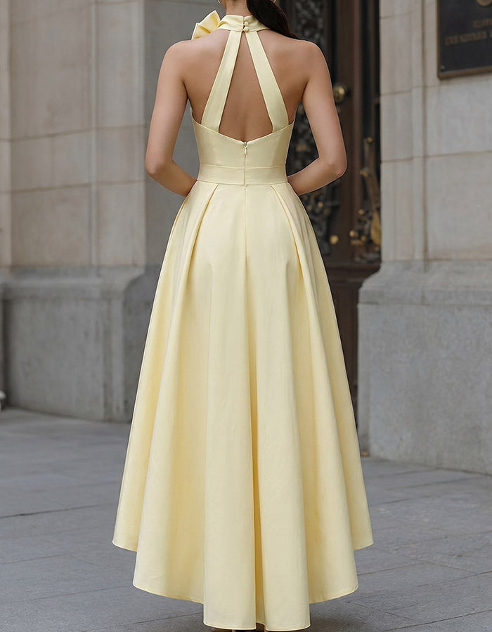 Yellow Halter Neck Bow A-Line High-Low Midi Dress
