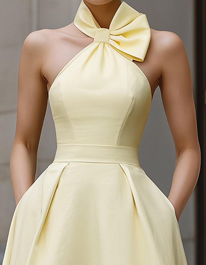 Gelbes Neckholder-Kleid mit Schleife, A-Linie, High-Low Midi-Länge