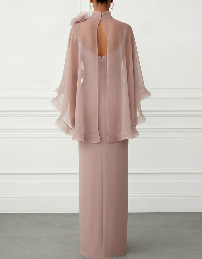 Staubiges Rosa Maxikleid mit Stehkragen und Cape-Ärmeln in Säulenform