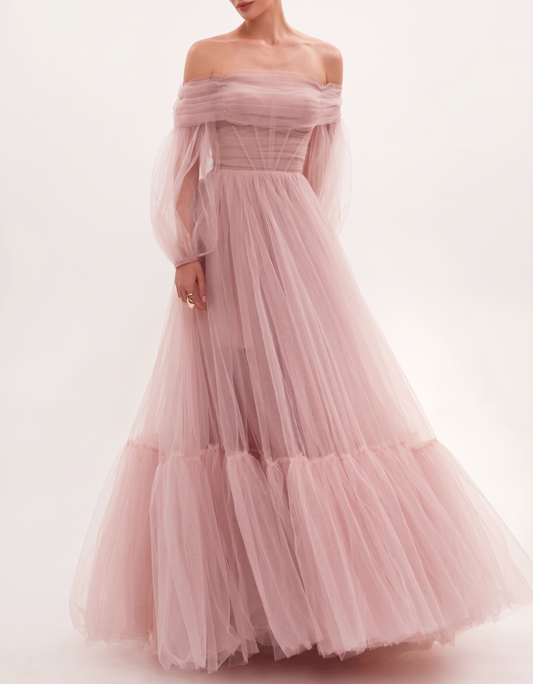 Mesh Off-Shoulder Puff Sleeve Fitted Waist Maxi Dress