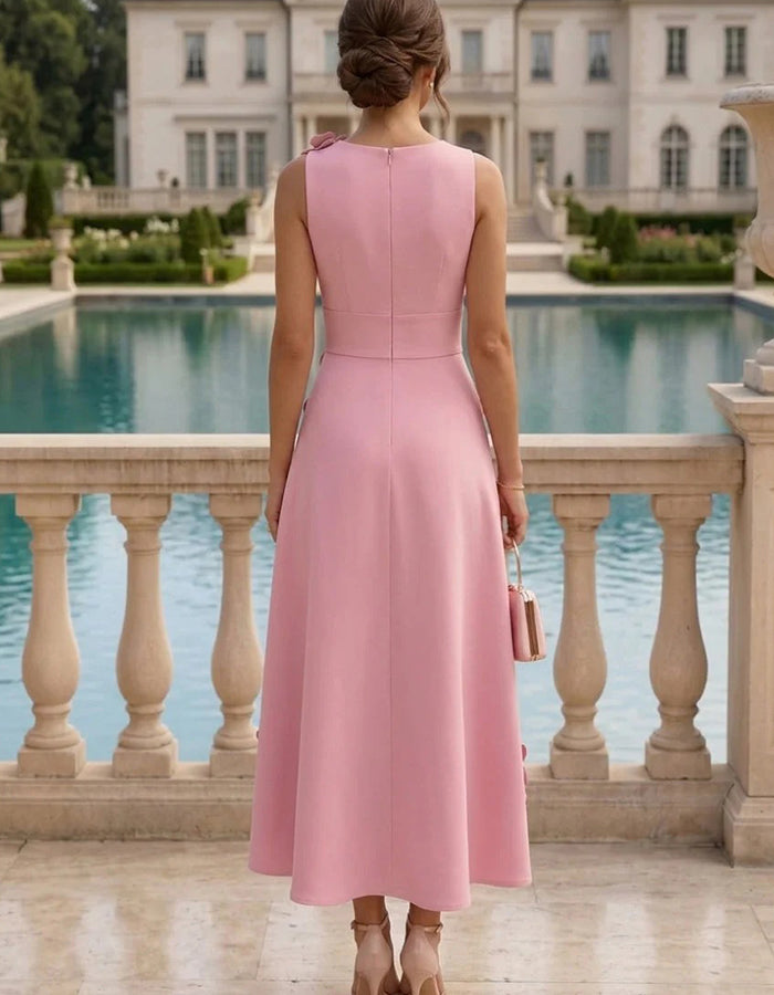 Round Neck Sleeveless 3D Floral Blended Ankle-length Dress