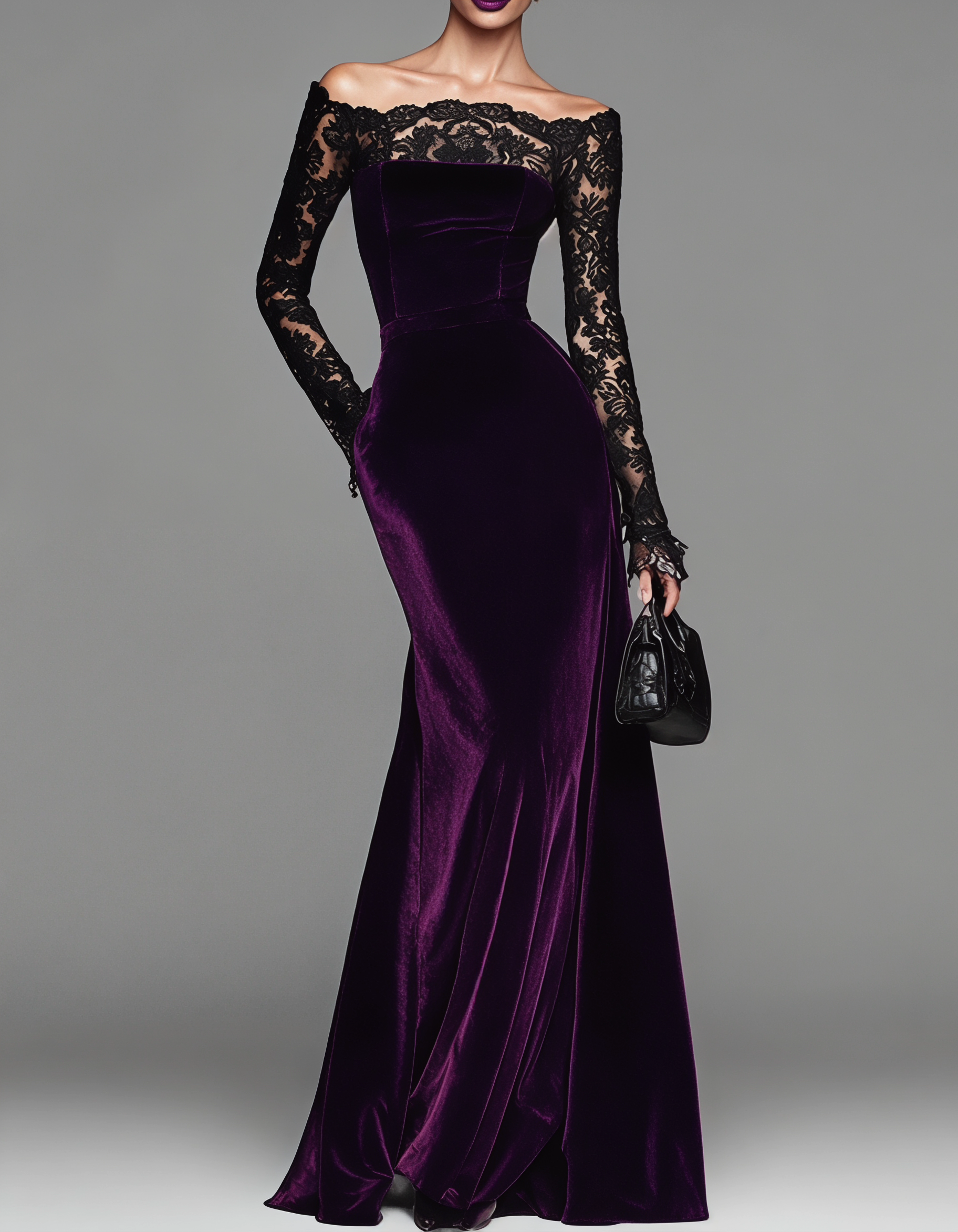 Vestido maxi ajustado de terciopelo con encaje y hombros descubiertos, cola de pez