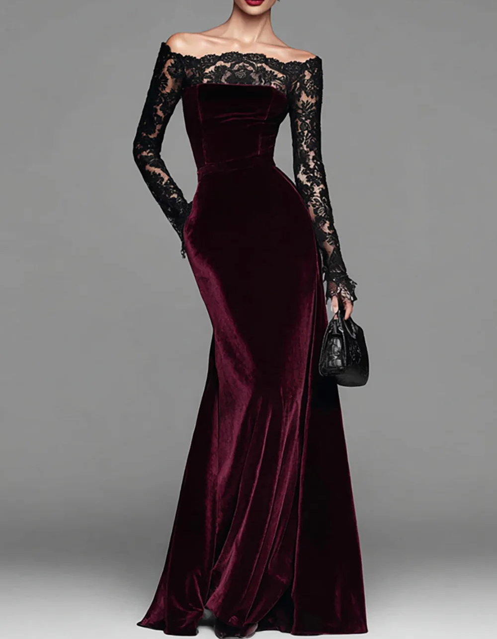 Vestido maxi ajustado de terciopelo con encaje y hombros descubiertos, cola de pez