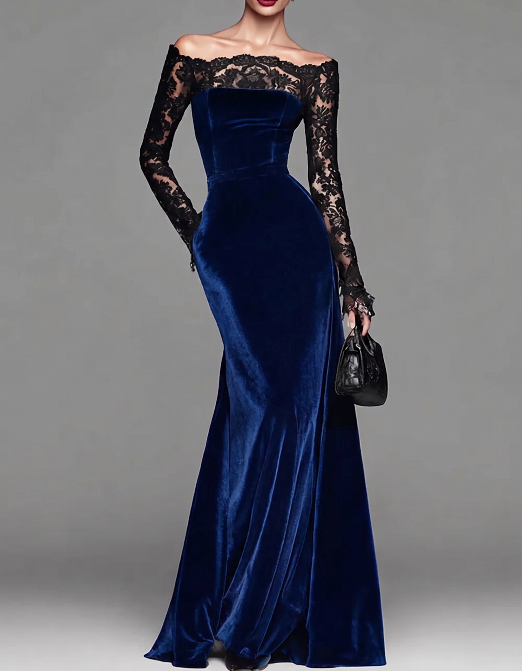 Vestido maxi ajustado de terciopelo con encaje y hombros descubiertos, cola de pez