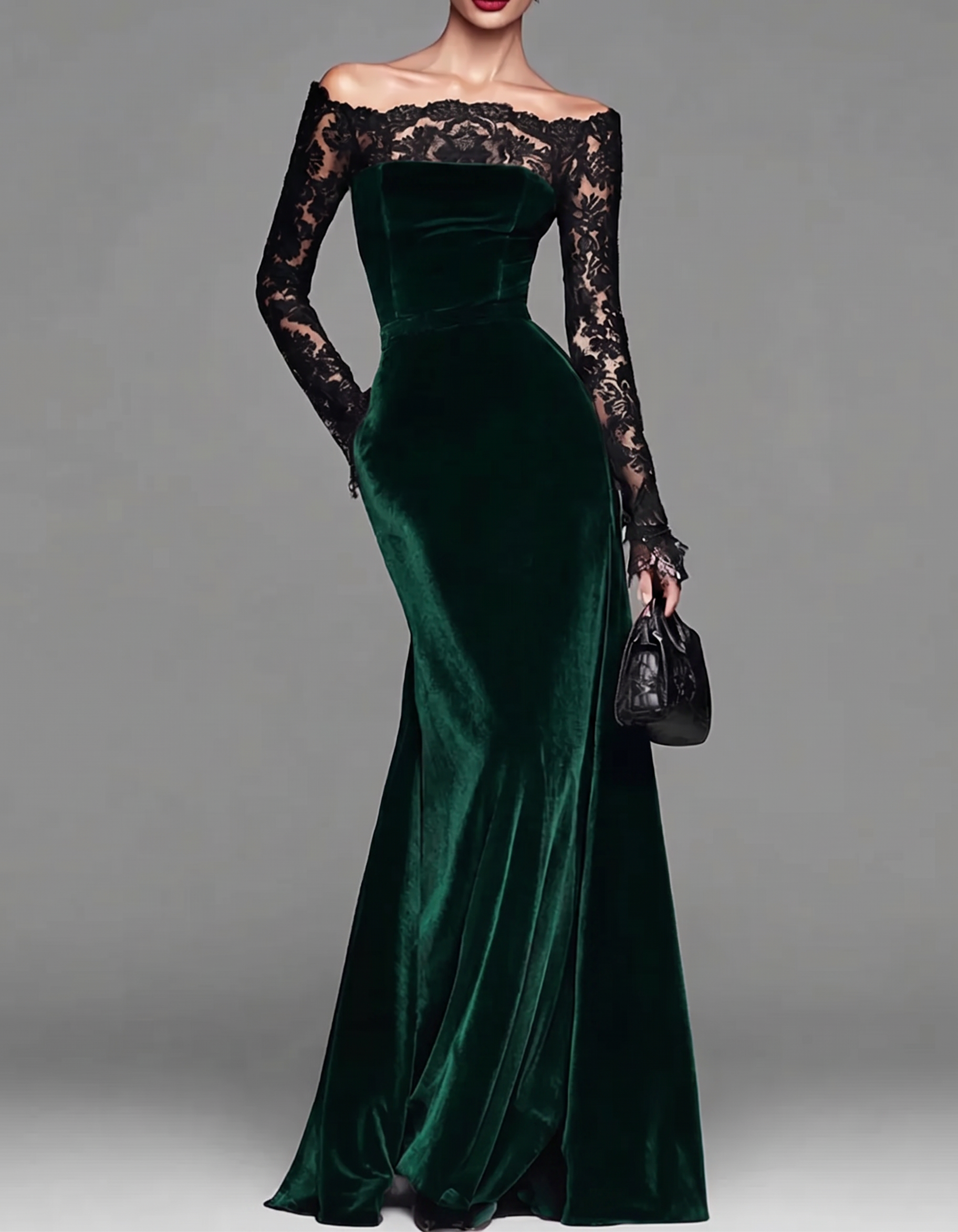 Vestido maxi ajustado de terciopelo con encaje y hombros descubiertos, cola de pez