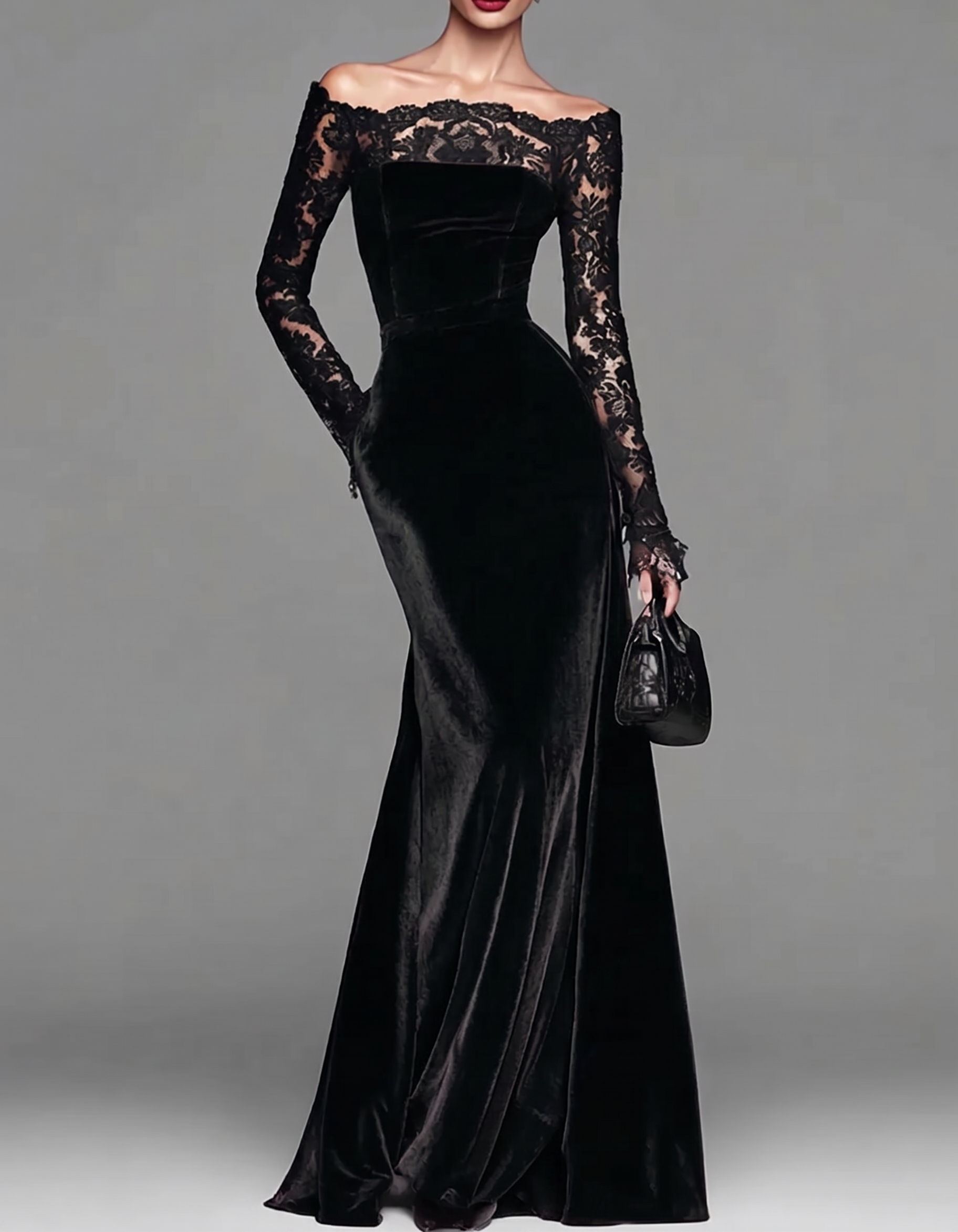 Velvet Lace Off-Shoulder Bodycon Fishtail Maxi Dress