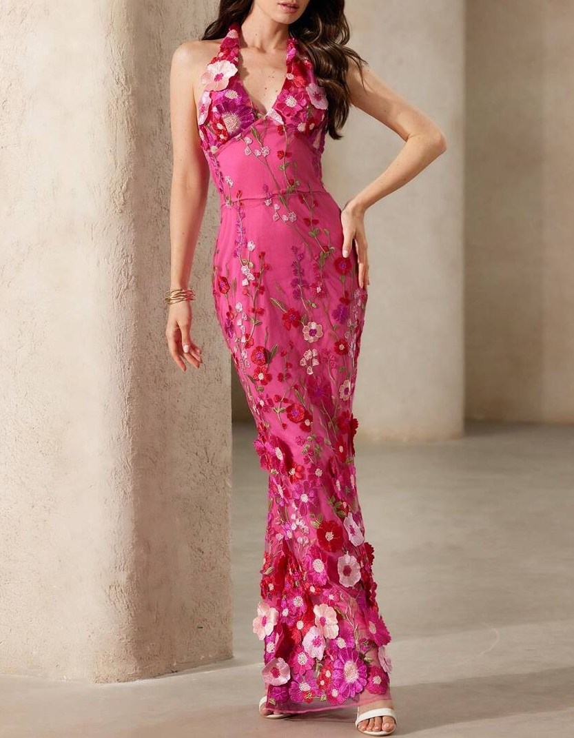 Rose Pink Chiffon Halter Neck Lace Embroidered Fishtail Maxi Dress