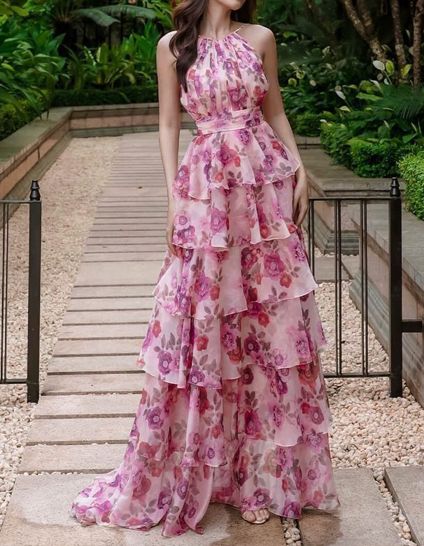 Rose Pink Chiffon Halter Neck Tiered Maxi Dress