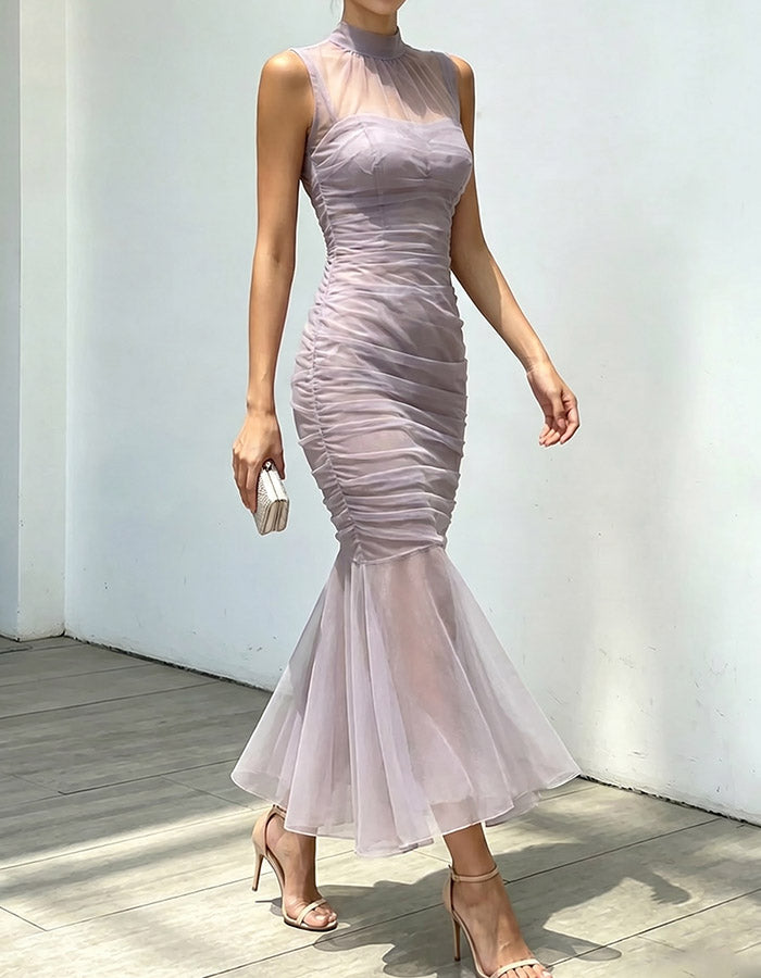 Lavender High-Neck Ruched Chiffon Midi Mermaid Dress
