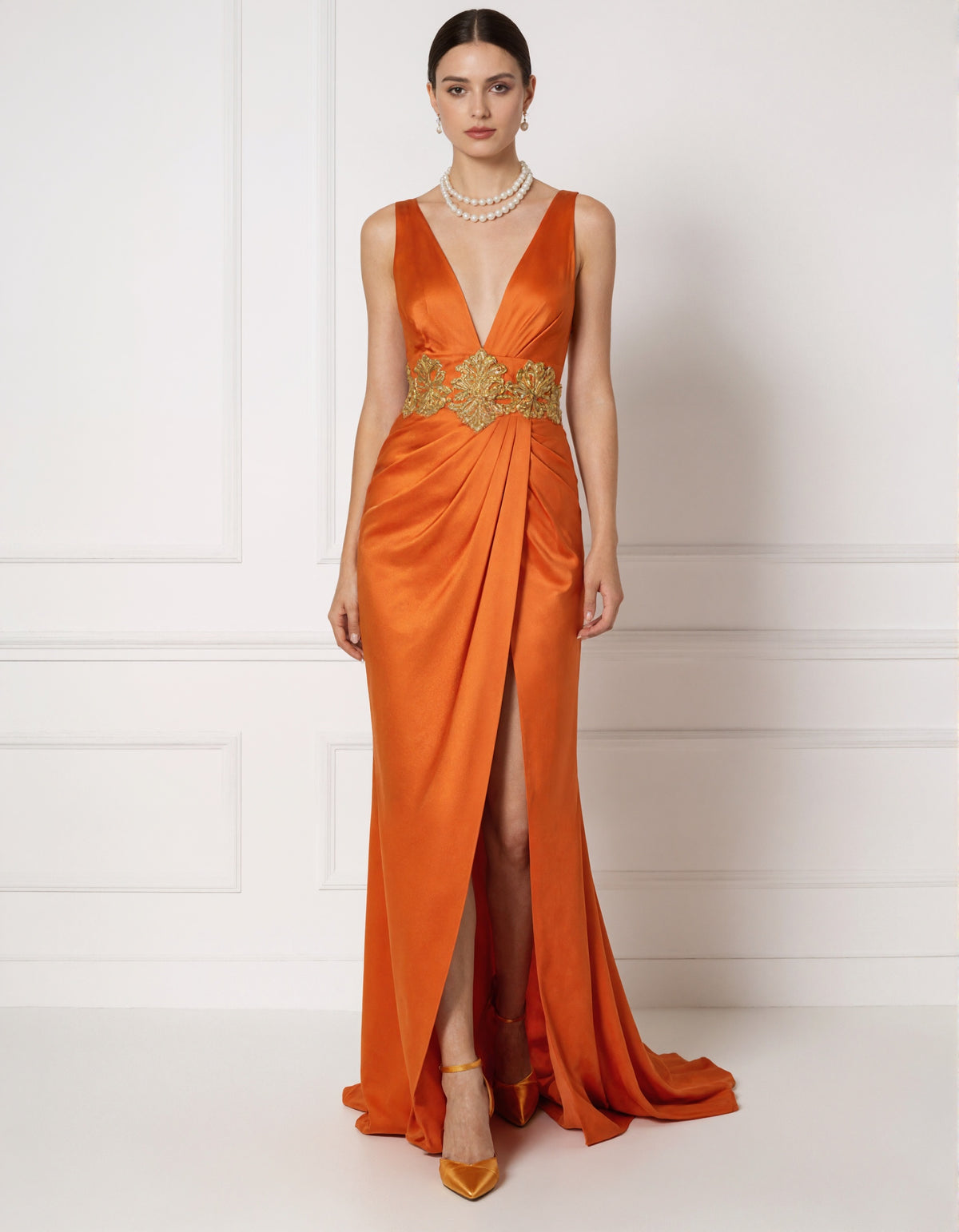 Orange Satin V-Neck Maxi Dress