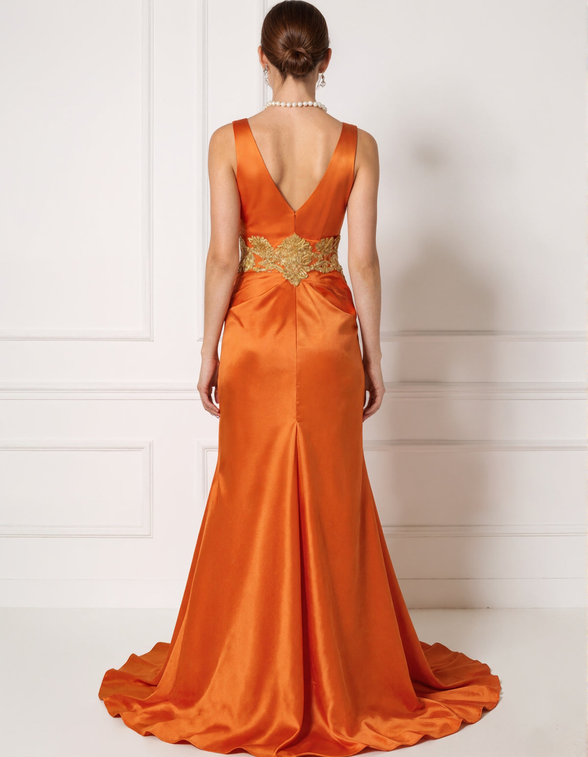 Orange Satin V-Neck Maxi Dress