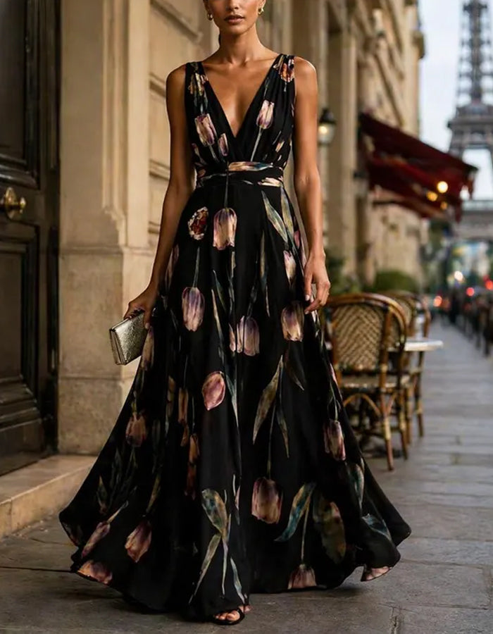 Effen Kleur Chiffon Tulpprint Maxi Jurk